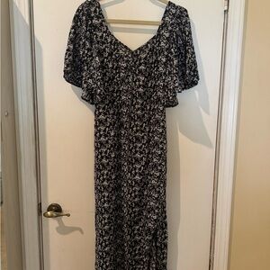 A New Day Black and White Floral Crepe Midi Dress with Cutout and Slit